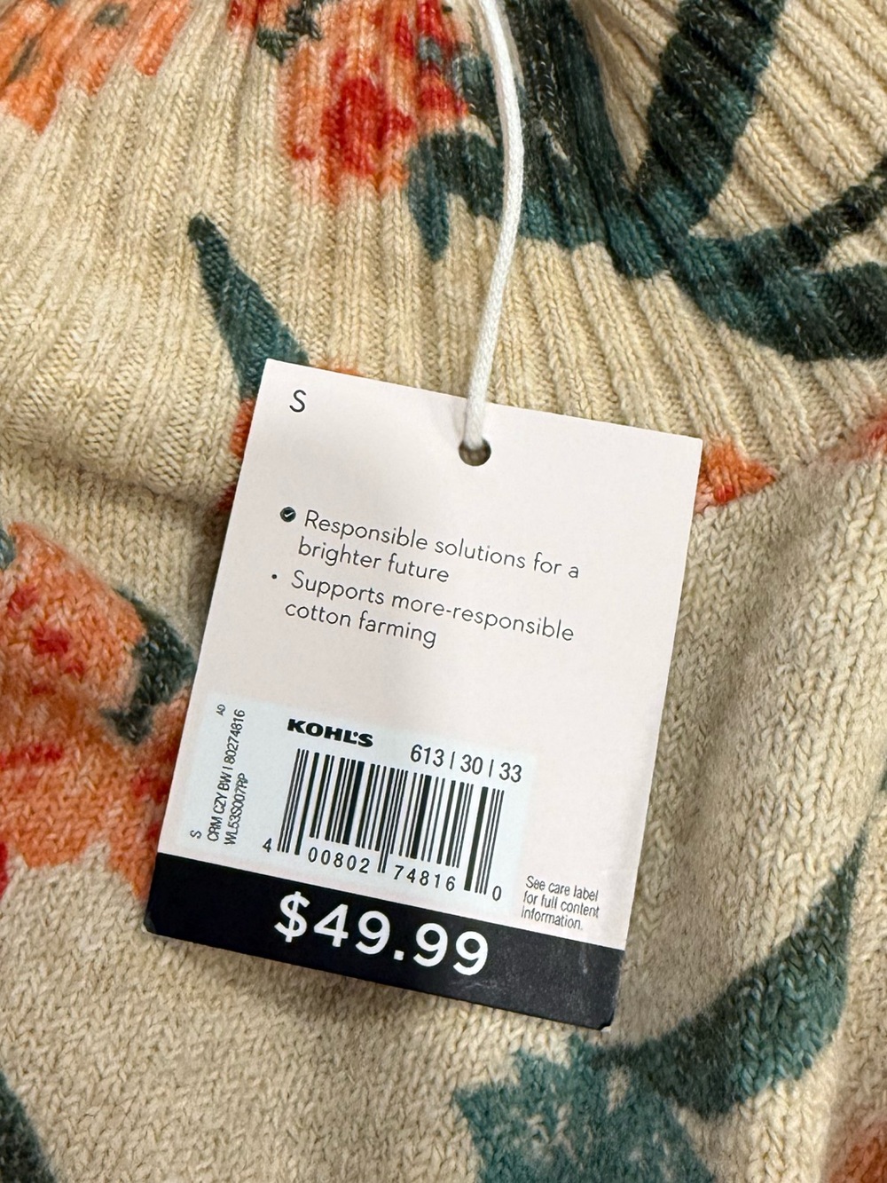 Cream Floral Turtleneck Sweater with Red & Green Print NWT - Picture 2 of 4